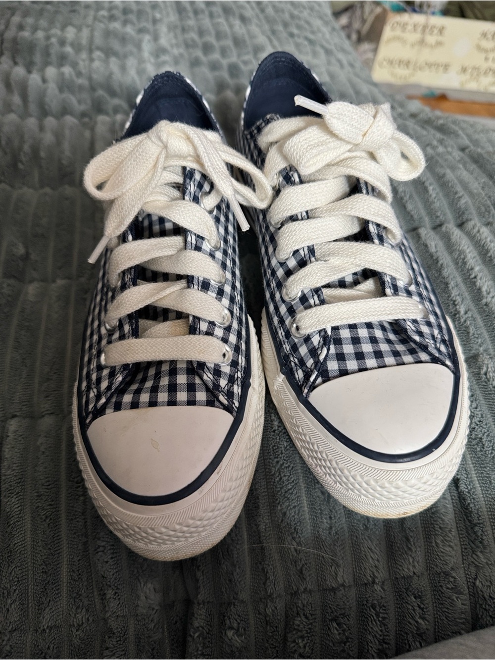 Converse Wonens 7.5 Navy Gingham Canvas Sneakers with White Laces